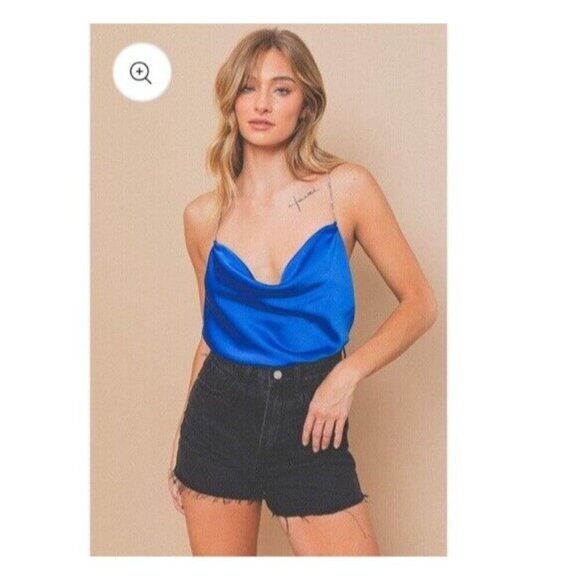 LE LIS Royal Blue Crystal Strap Drape Neck Satin Halter Top Size Medium NWT - Picture 1 of 14